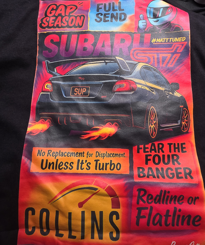 Subaru STi Rally Car Tee – Big Turbo, Flames, Four-Banger | S-6XL