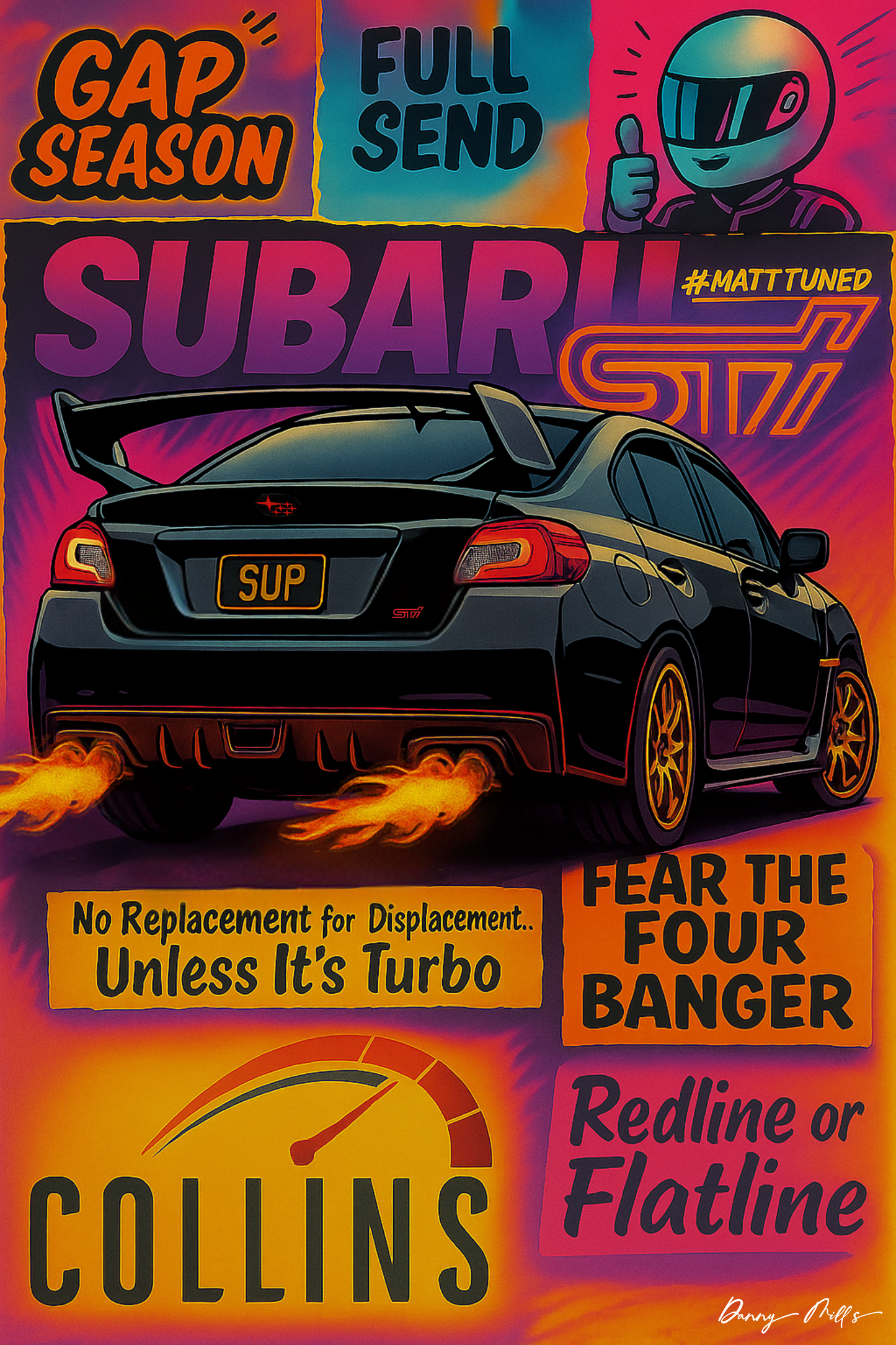 Subaru STi Rally Car Tee – Big Turbo, Flames, Four-Banger | S-6XL
