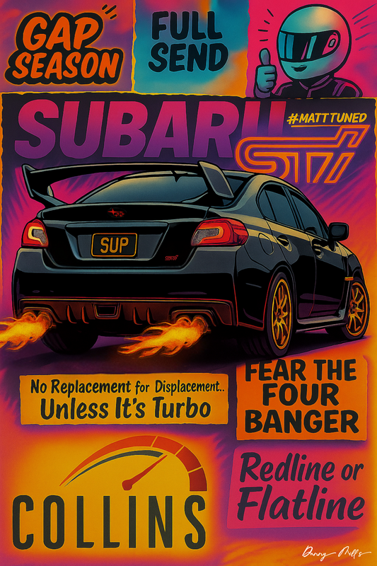 Subaru STi Rally Car Tee – Big Turbo, Flames, Four-Banger | S-6XL
